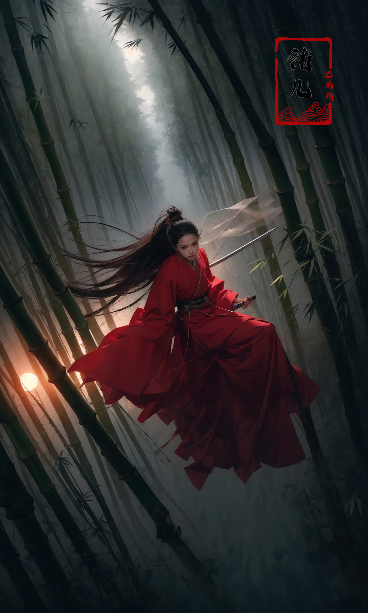 606247209521969136-908323757-To shoot from above.  ，art by Zao Wou-ki，extreme close - up, focus on face, A woman in red Hanfu, wearing a white transparent ve.jpg